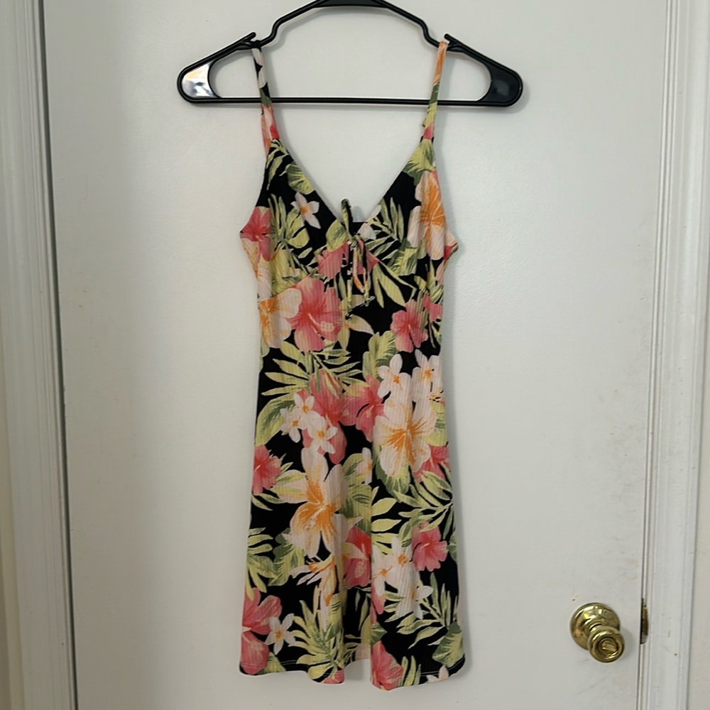 Tropical floral print tank top black mini dress